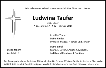 Traueranzeige von Ludwina Taufer von Pegnitz-Zeitung